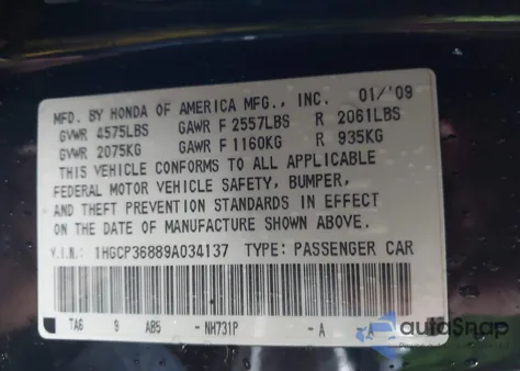 2009 Honda Accord 3.5 Ex-L from USA, damaged, VIN 1HGCP36889A034137